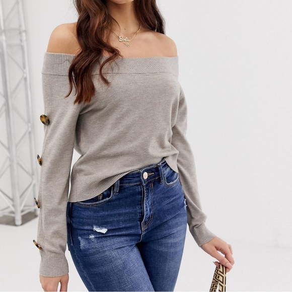 ASOS Design taupe bardot button detail long sleeve sweater Sz 14 - Picture 1 of 11
